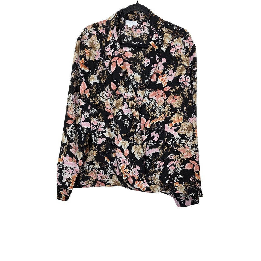 J. Jill Floral Surplice Blouse Women XL Black Pink Wrap Top Notch Lapel Career